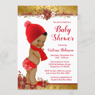 Afro-Junge Rot Gold Weihnachts-Baby-Party Einladung