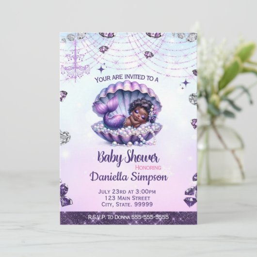 Afro Mermaid Baby Shower Einladung (Stehend Vorderseite)