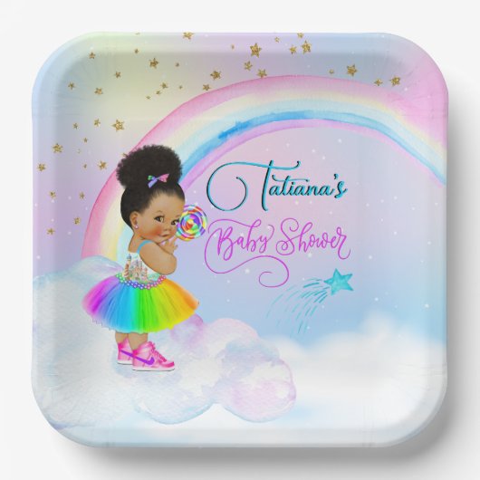 Afro Puff Baby Girl Pastel Rainbow Baby Dusche Pappteller (Vorderseite)