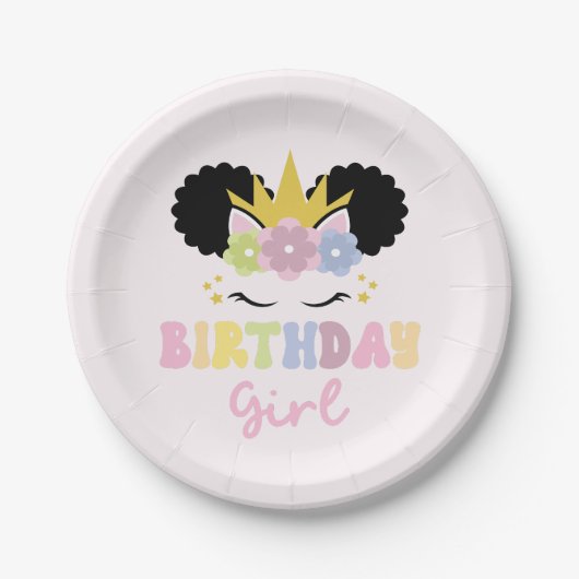 Afro Puff Unicorn Birthday Girl Pappteller (Vorderseite)