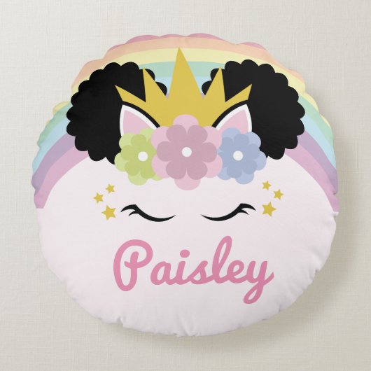 Afro Puff Unicorn Curly Hair Individuelle Name Rundes Kissen (Vorderseite)