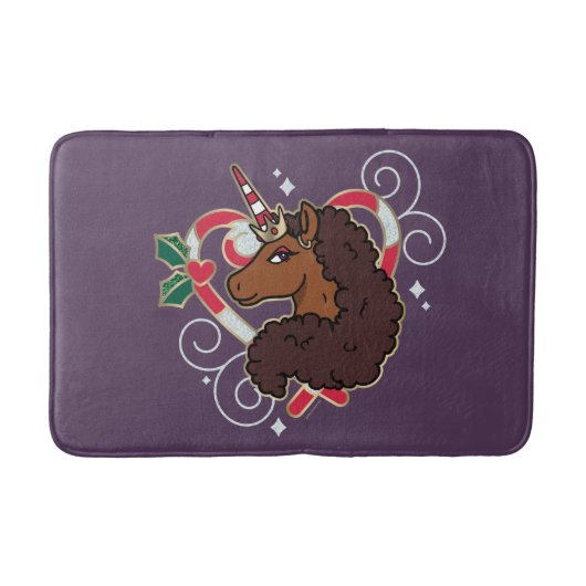 Afro Unicorn Candy Cane Herz Holiday Badematte (Vorderseite)