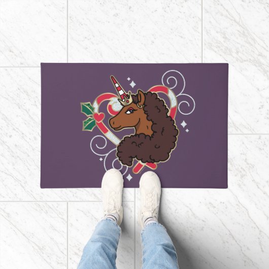 Afro Unicorn Candy Cane Herz Holiday Fußmatte (Indoor)