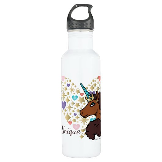 Afro Unicorn | Einzigartiges Herzdesign Edelstahlflasche (Vorderseite)