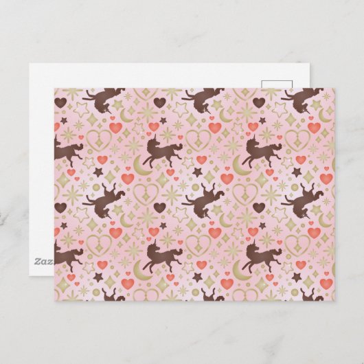 Afro Unicorn Herz & Star Pink Muster Postkarte (Vorne/Hinten)