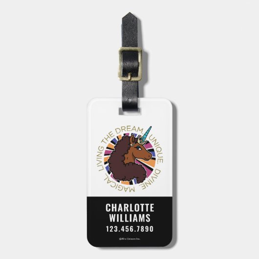 Afro Unicorn Living the Dream Design Gepäckanhänger (Vorderseite vertikal)