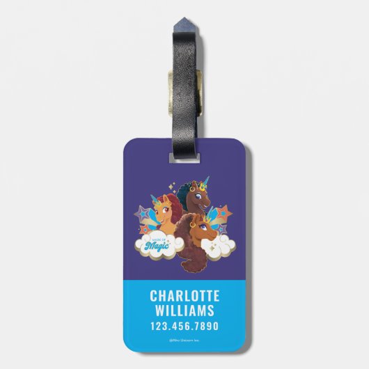 Afro Unicorn "Made of Magic" Trio Design Gepäckanhänger (Rückseite vertikal)