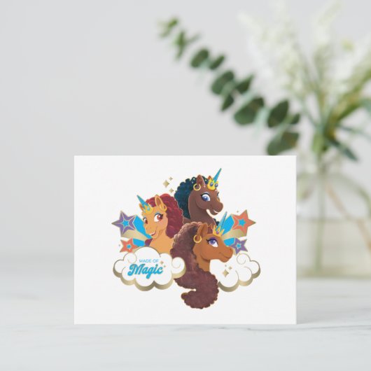 Afro Unicorn "Made of Magic" Trio Design Postkarte (Stehend Vorderseite)