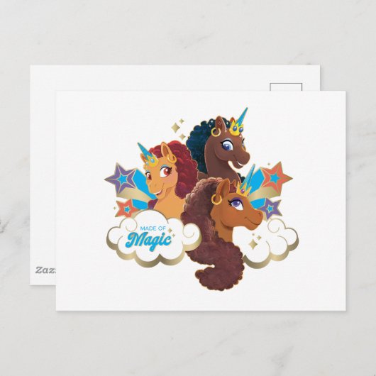Afro Unicorn "Made of Magic" Trio Design Postkarte (Vorne/Hinten)
