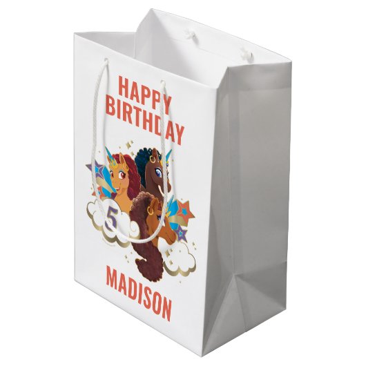 Afro Unicorn | Magical Girls Birthday Mittlere Geschenktüte (Rückseite Schrägansicht)