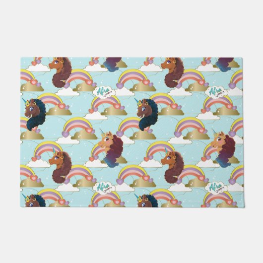 Afro Unicorn Rainbow and Hearts Muster Fußmatte (Vorderseite)