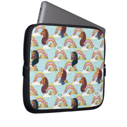Afro Unicorn Rainbow and Hearts Muster Laptopschutzhülle (Vorne Rechts)