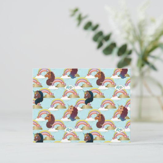 Afro Unicorn Rainbow and Hearts Muster Postkarte (Stehend Vorderseite)