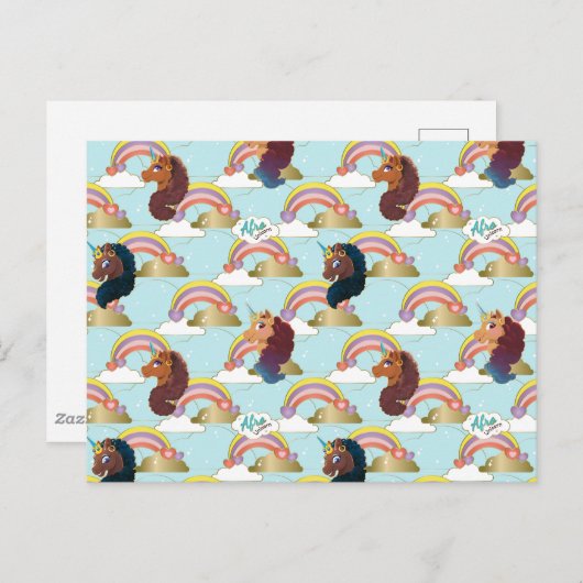 Afro Unicorn Rainbow and Hearts Muster Postkarte (Vorne/Hinten)