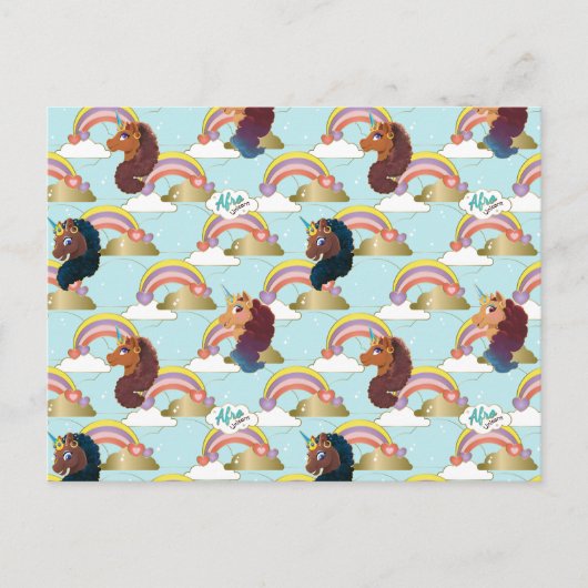 Afro Unicorn Rainbow and Hearts Muster Postkarte (Vorderseite)