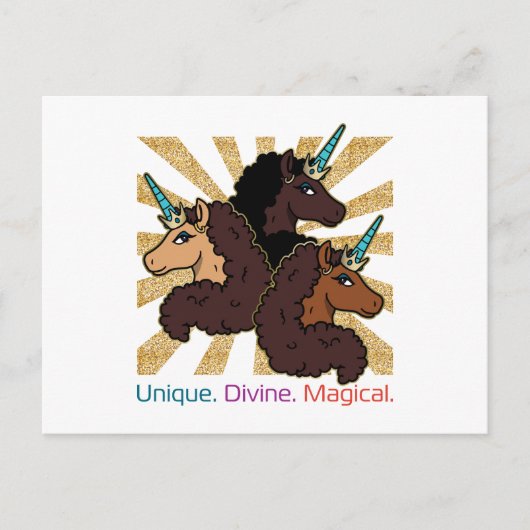 Afro Unicorn Trio: Einzigartig, göttlich und magis Postkarte (Vorderseite)