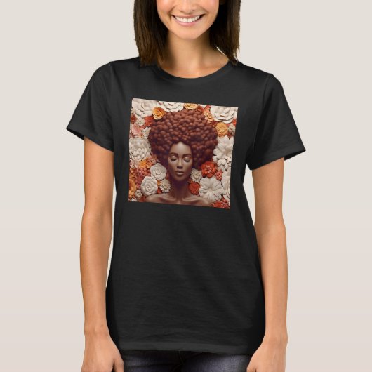 Afro Woman Floral Black Queen Puff Melanin Orange  T-Shirt (Vorderseite)