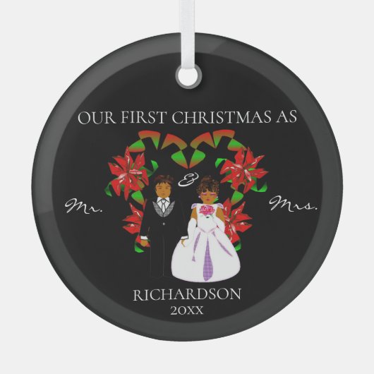 Afroamerikaner Erste Weihnachten als Mr & Mrs Roun Ornament Aus Glas (Vorderseite)