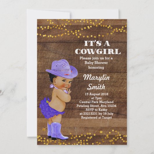 Afroamerikaner Lila Cowgirl Babydusche Einladung (Vorderseite)