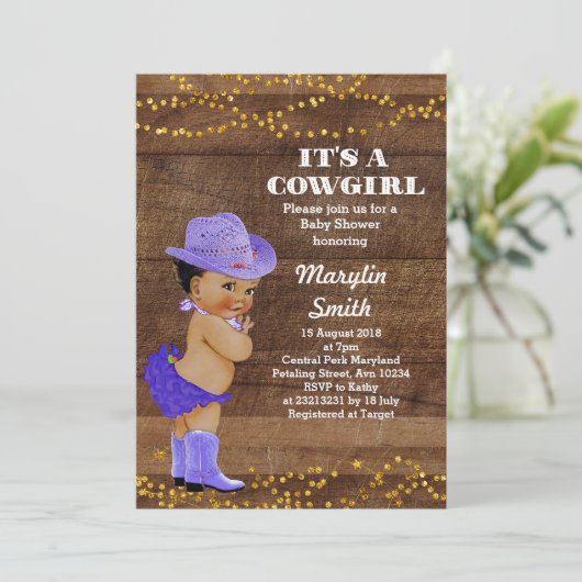 Afroamerikaner Lila Cowgirl Babydusche Einladung (Stehend Vorderseite)