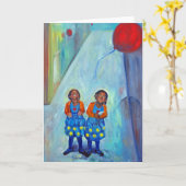 Afroamerikanermädchenzwillingskinderballonkunst Karte (Gelbe Blume)