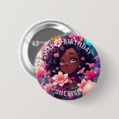 Afroamerikanisch Anime Birthday Girl Personalisier Button (Vorne & Hinten)