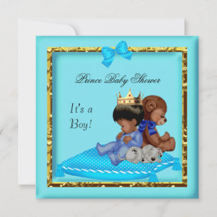 Afroamerikanische Babyparty Blau Gold Junge Prinz Einladung