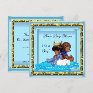Afroamerikanische Babyparty Blau Gold Junge Prinz Einladung