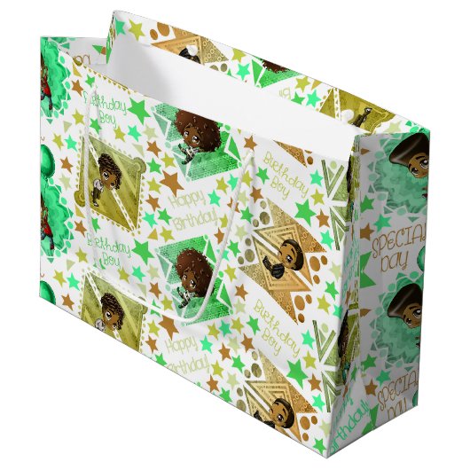 Afroamerikanische Jungs und Stars zum Geburtstag Große Geschenktüte (Vorderseite Schrägansicht)