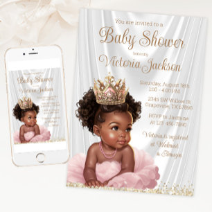 Afroamerikanische Prinzessin Baby Shower Pink Gold Einladung