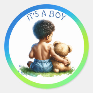 Afroamerikanischer Baby Boy mit Teddy Baby Shower Runder Aufkleber