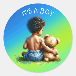 Afroamerikanischer Baby Boy mit Teddy Baby Shower Runder Aufkleber