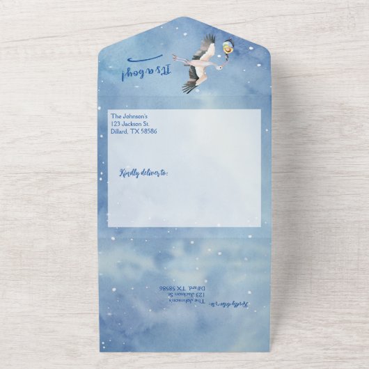 Afroamerikanischer Baby Boy Stork in Night Sky All In One Einladung (Außenbereich)