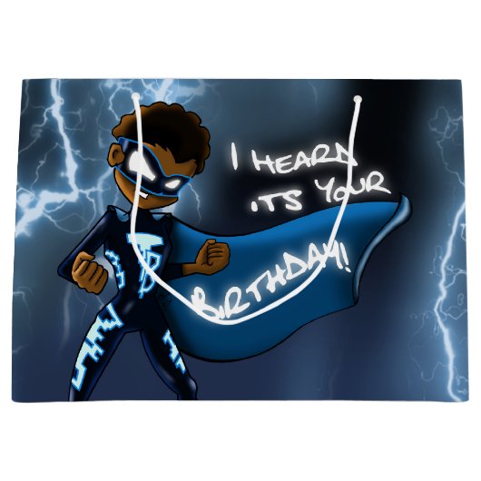 Afroamerikanischer Boy Superhero Birthday Große Geschenktüte (Vorderseite)