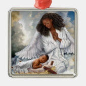 Afroamerikanischer Engel und Baby Jesus Silbernes Ornament (Vorne)
