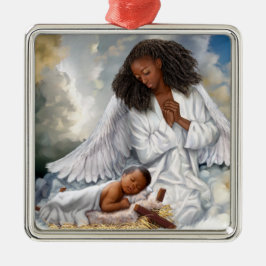 Afroamerikanischer Engel und Baby Jesus Silbernes Ornament