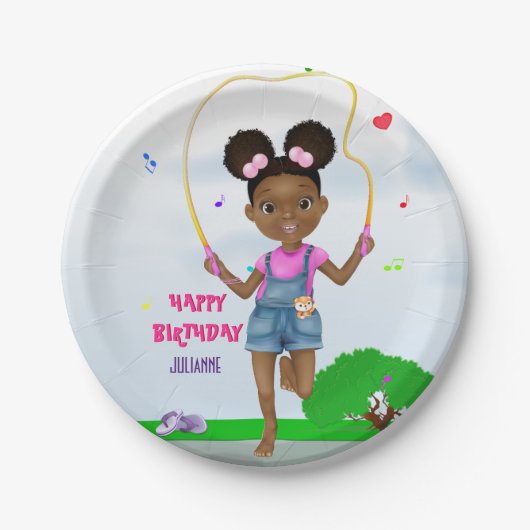 Afroamerikanischer Girl Jump Rope zum Geburtstag Pappteller (Vorderseite)