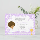 Afroamerikanischer Junge Erste Kommune Damask Einladung (Stehend Vorderseite)