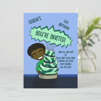 Afroamerikanischer Junge und Kuchen zum Geburtstag Einladung