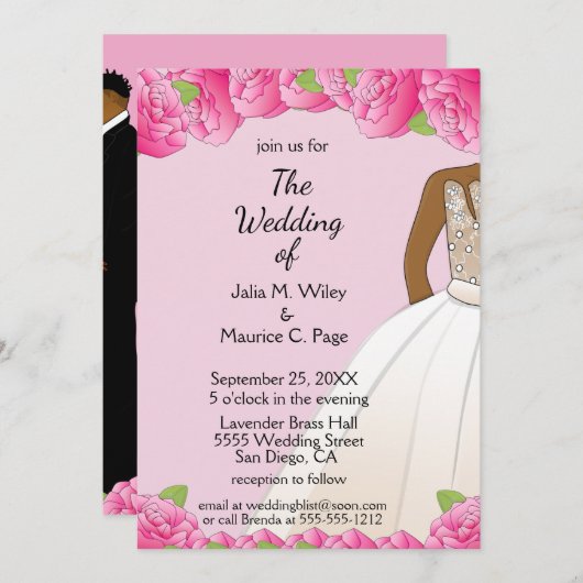 Afroamerikanischer Schwarz-Pink-Braut und -Bräutig Einladung (Vorne/Hinten)