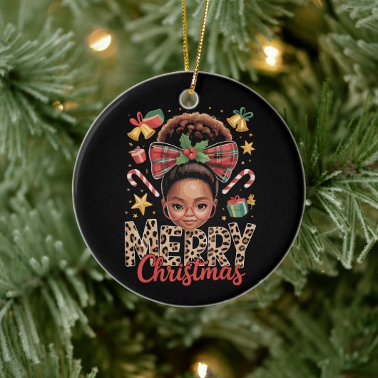 Afroamerikanischer Weihnachts-Messy-Bun Schwarze M Keramik Ornament (Baum)