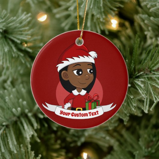 Afroamerikanischer Weihnachtsmädchen-Cartoon Keramik Ornament (Baum)