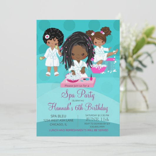 Afroamerikanischer Wellness-Center Party Geburtsta Einladung (Stehend Vorderseite)