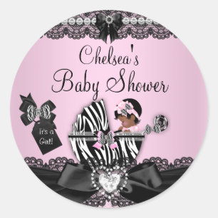 Afroamerikanischer Zebra- und Spitzen-Baby-Shower- Runder Aufkleber