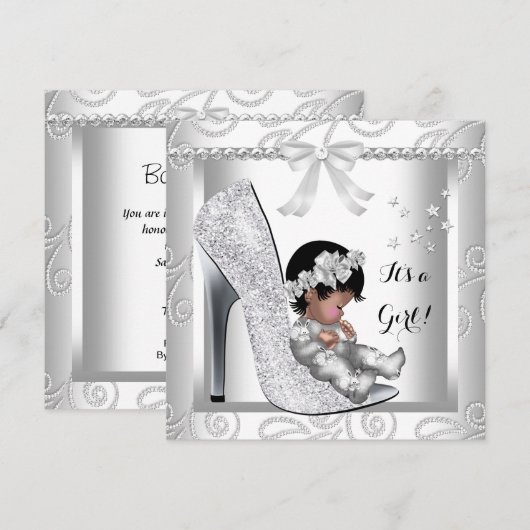 Afroamerikanisches Baby Duschmädchen Graue weiße S Einladung (Vorne/Hinten)