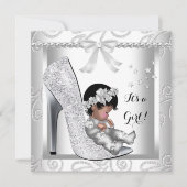 Afroamerikanisches Baby Duschmädchen Graue weiße S Einladung (Vorderseite)