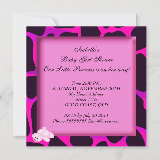 Afroamerikanisches Baby-Duschmädchen Hot Pink Bear Einladung (Rückseite)