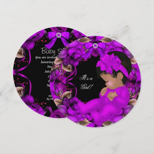 Afroamerikanisches Baby-Duschmädchen Lila Rose R3 Einladung (Vorne/Hinten)