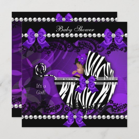 Afroamerikanisches Baby Shower Girl Lila Zebra 2 Einladung (Vorne/Hinten)