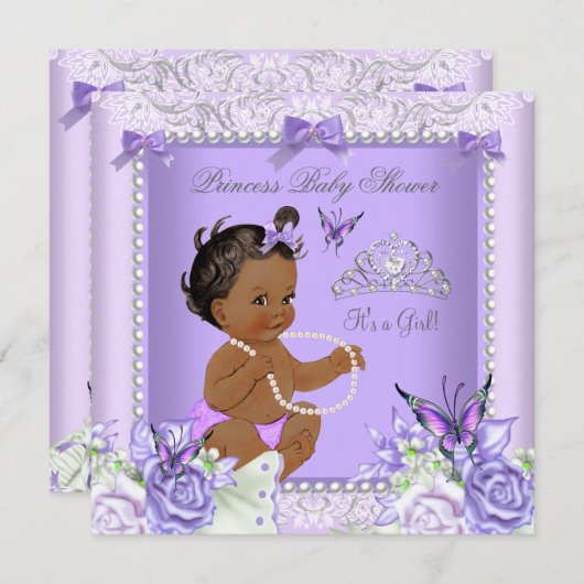Afroamerikanisches Lavendel-Gray-Baby-Duschmädchen Einladung (Vorne/Hinten)
